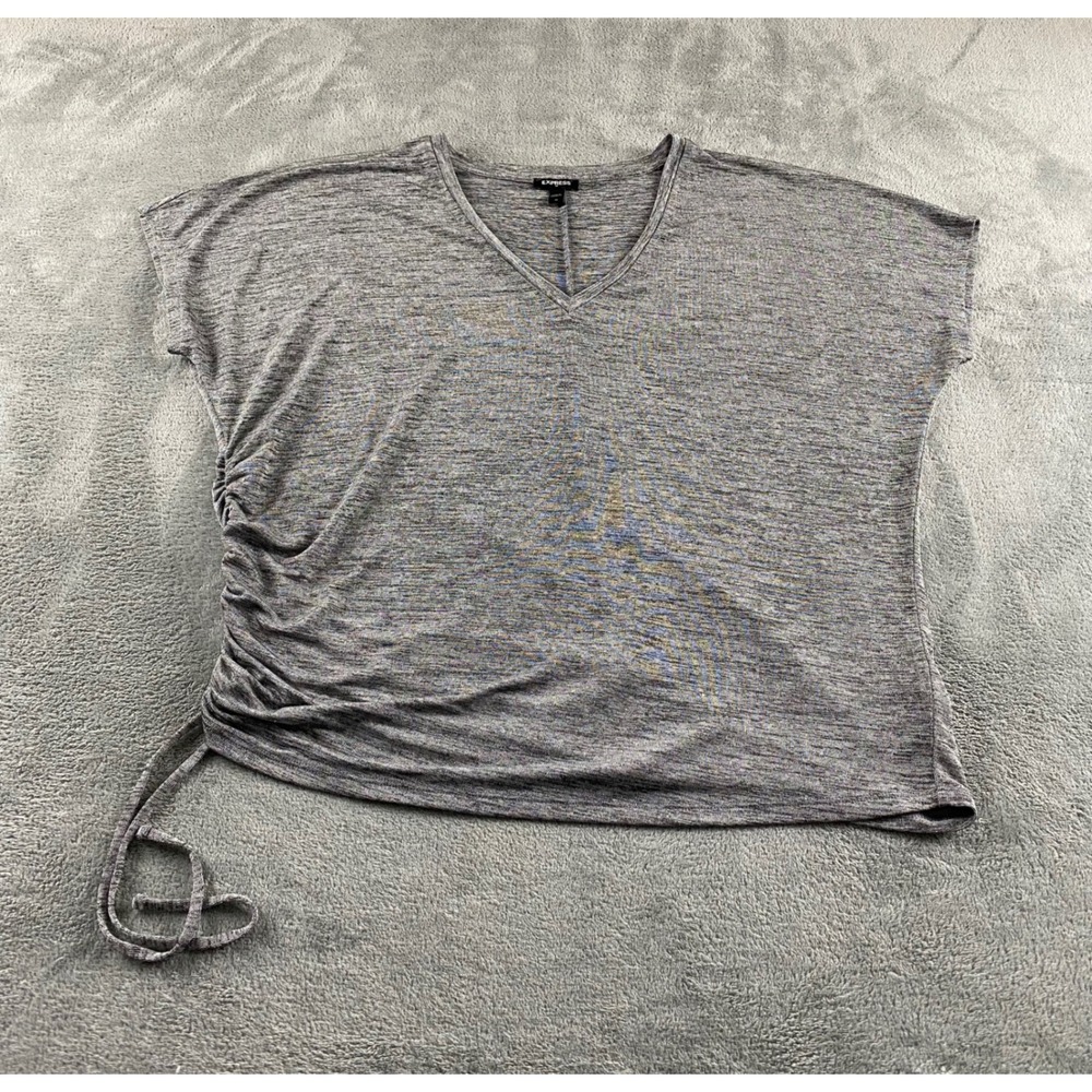 Express Womens Grey Space Dye V-Neck Side Cinch Ruched Short Sleeve Top Size M